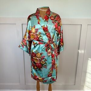 Floral Satin Robe Women’s Large Blue Kimono Sexy Intimate Vacation Lounge Silky